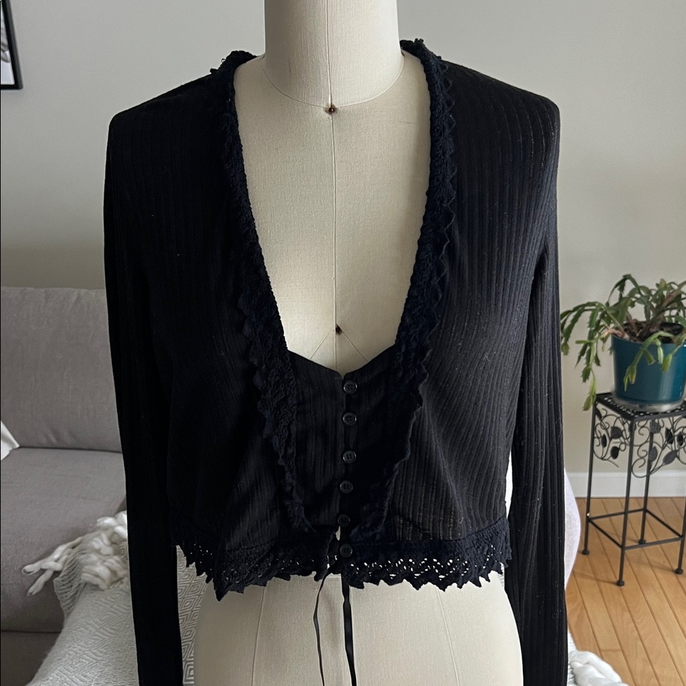 Free People Black Lace Trim Cardigan